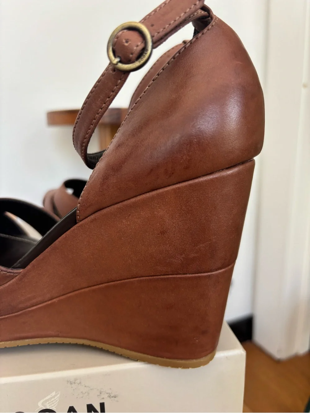 Hogan Brown Leather Wedge Sandals with Ankle Strap, sz 39 Made in Italy